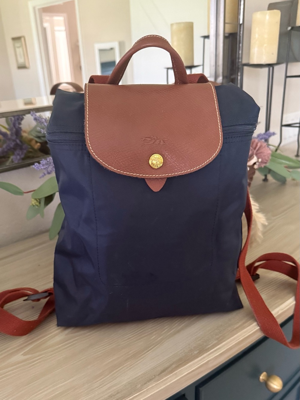 Longchamp Navy Nylon Backpack with Brown Trim